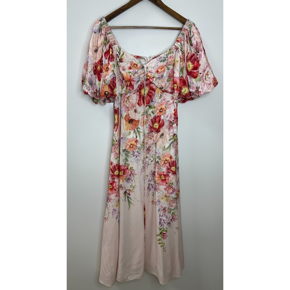 Alex Marie Floral Puff Sleeve Smocked Midi Dress Large Pink Coquette Romantic - Picture 2 of 16